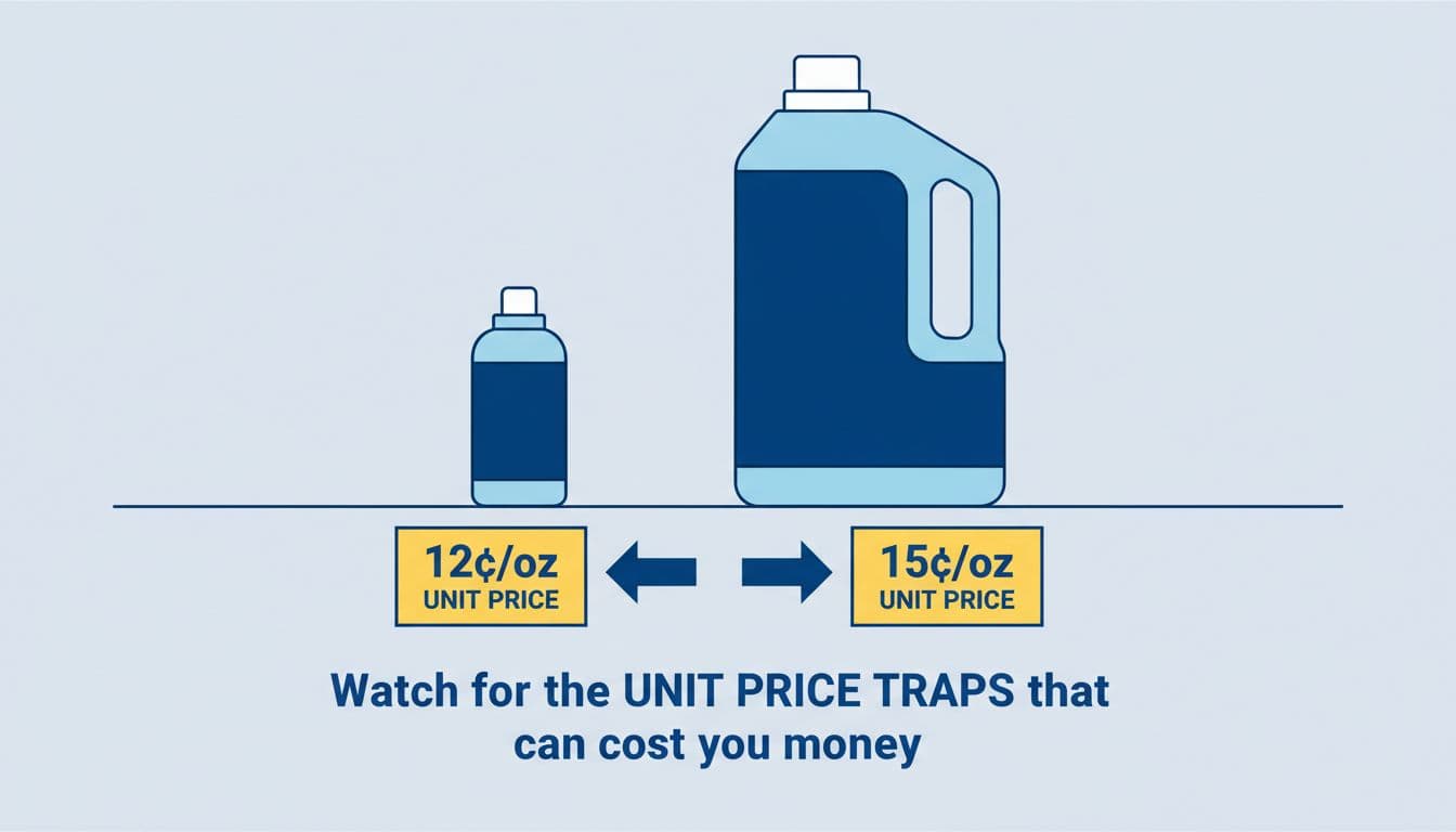 Modern illustration showing side-by-side small detergent bottle and large bulk jug with unit price labels: small at 12¢/oz and bulk at 15¢/oz, emphasizing the price trap in bulk buying.