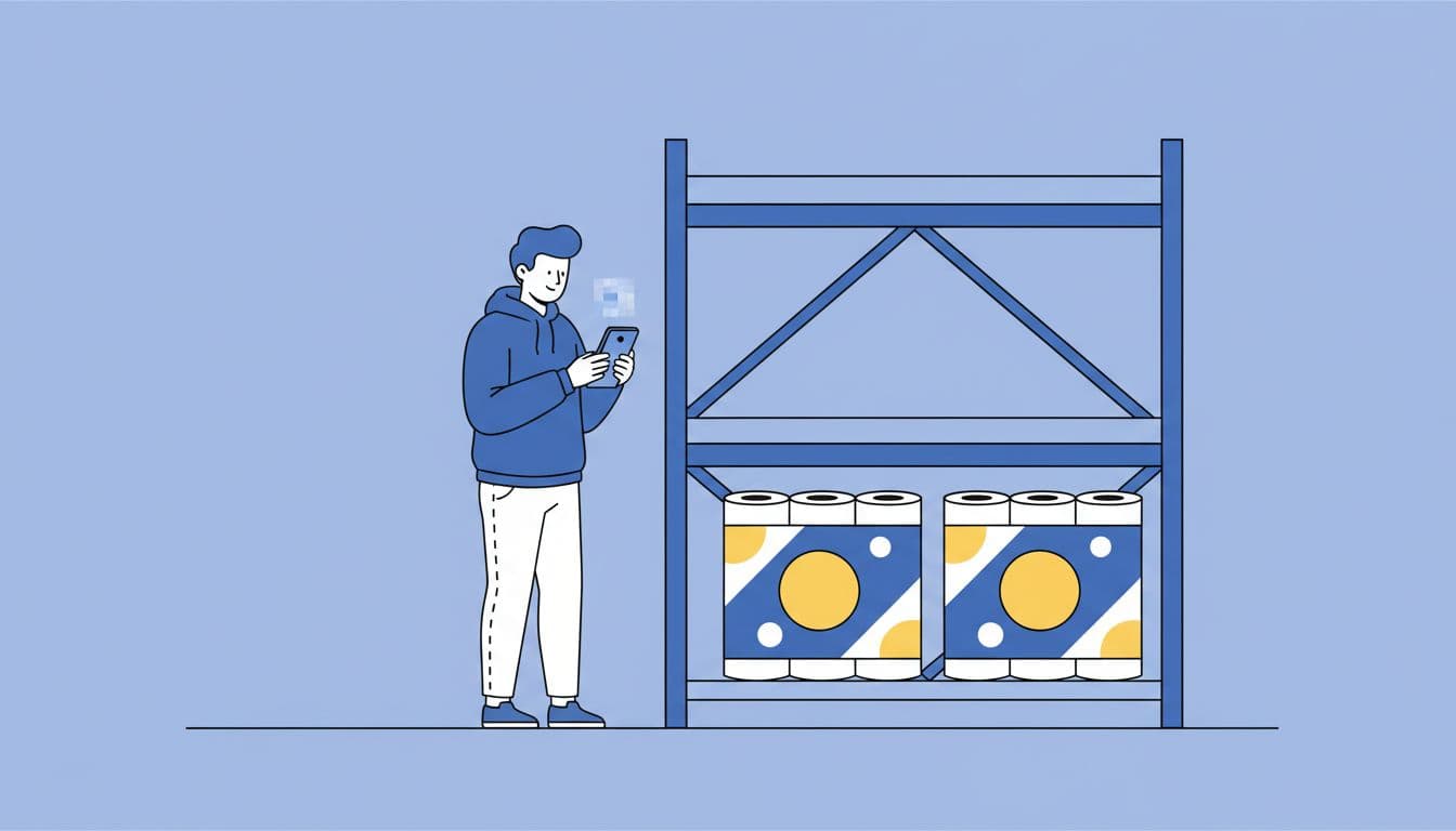 Modern illustration of one shopper in a wholesale club aisle holding a phone calculator in relaxed hands, comparing two paper towel packs on the shelf. Clean shapes, blues, whites, and yellow accents, strong composition, landscape view with content edge-to-edge.