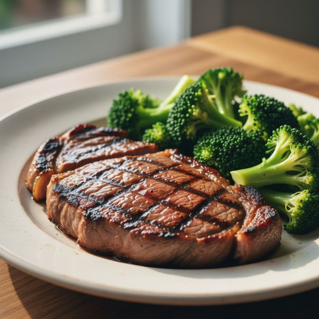 A seared sirloin steak with clear grill marks rests on a white plate beside a mound of vibrant steamed broccoli florets. Soft, natural light highlights the juicy texture of the meat.