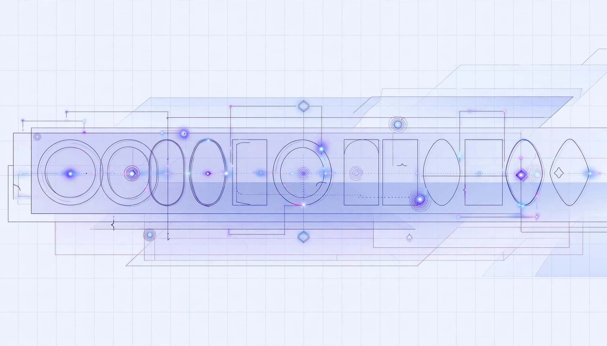 A magnified text ribbon with hidden glyph outlines and glowing blue-violet symbols.