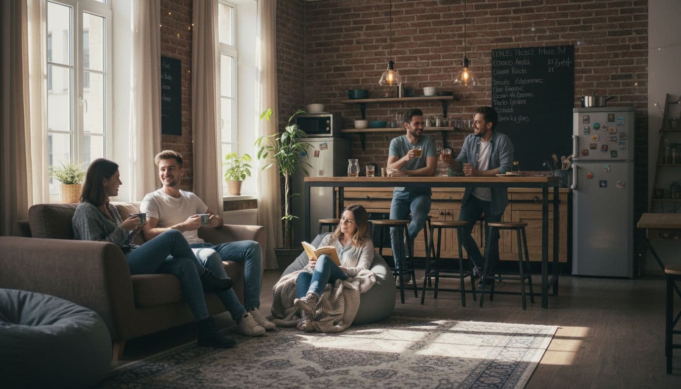 Cozy hostel common lounge featuring travelers relaxing on couches, chatting over drinks with a communal kitchen in the background, capturing a friendly social vibe in natural daylight.