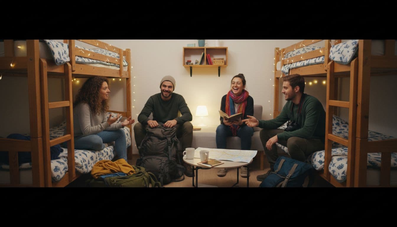 A diverse group of four young backpackers chats animatedly in a lively hostel dorm room with bunk beds, unpacking bags and sharing stories in a cozy setting with warm ambient lighting.