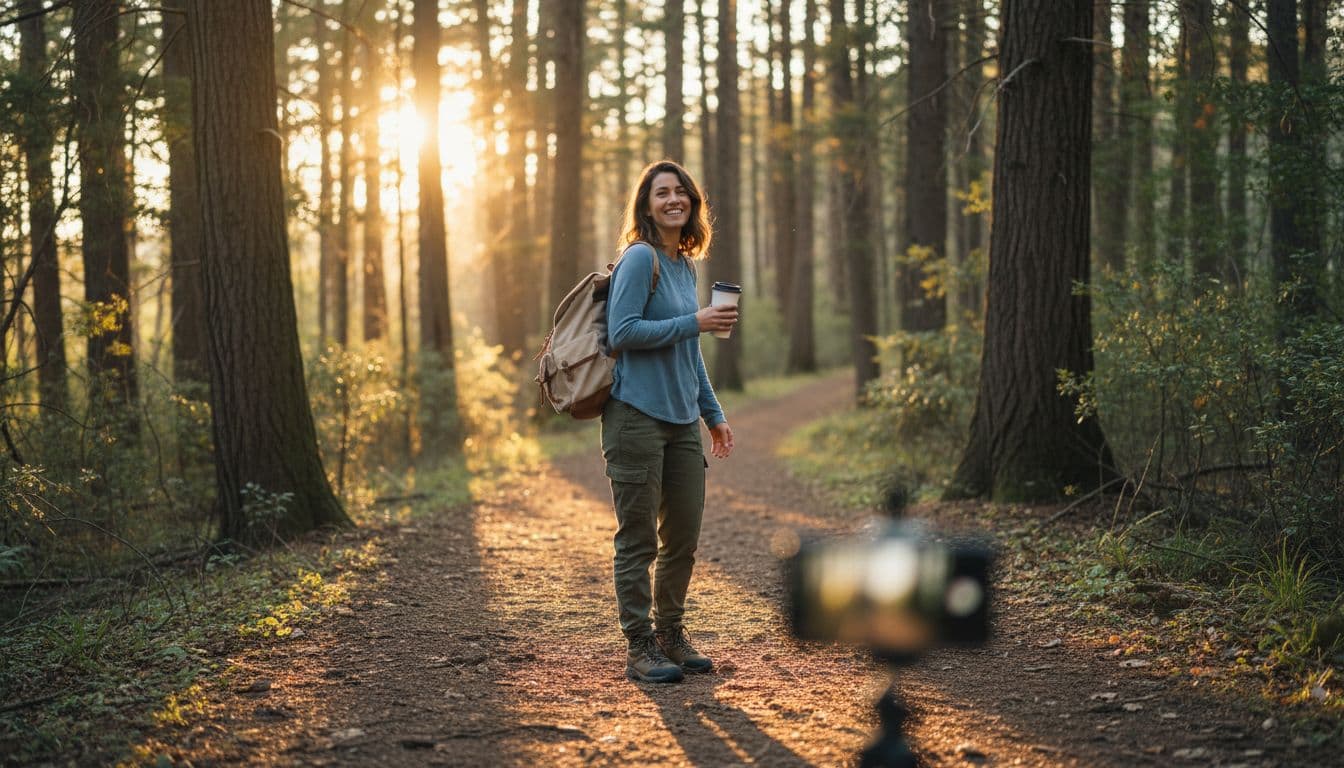 Casual hiker walking towards camera on forest path with natural smile, backpack over shoulder, holding coffee cup loosely amid golden hour sunlight through trees. Realistic candid lifestyle photo with blurred phone in foreground for solo self-photo example.