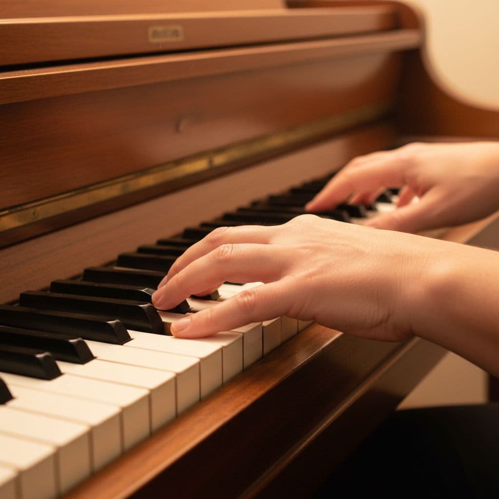 Adult beginner practicing left-hand patterns on piano keys, with focus on lower register and relaxed posture. Image created with AI.