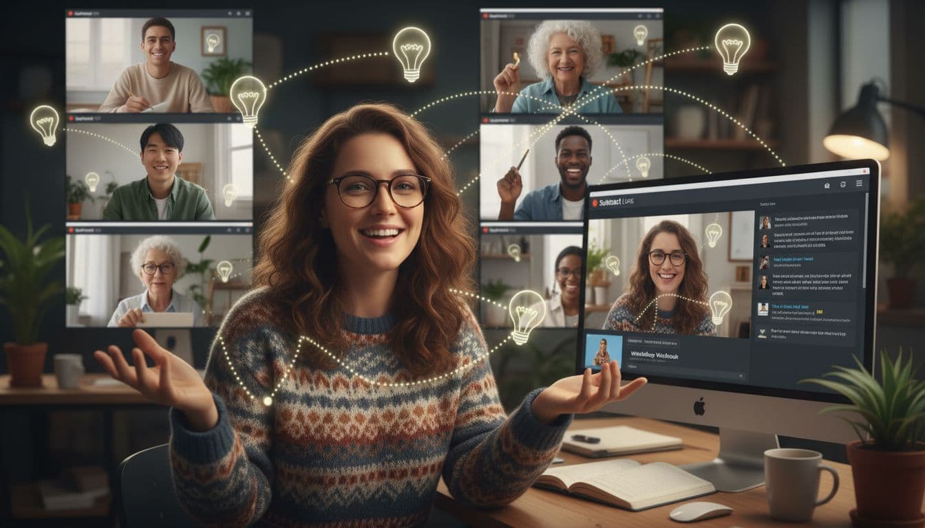 A virtual workshop using Substack Lives, with a main speaker and a grid of engaged participants, notebooks and warm lighting. Image generated by AI.
