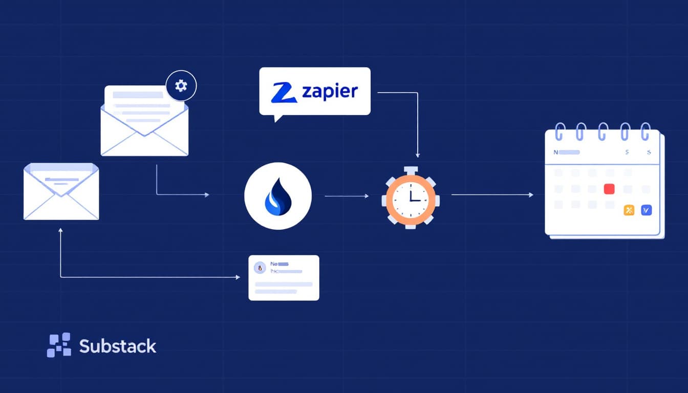 Workflow diagram showing a newsletter icon flowing through automation tools to a calendar with Notes scheduled across days. Image created with AI.