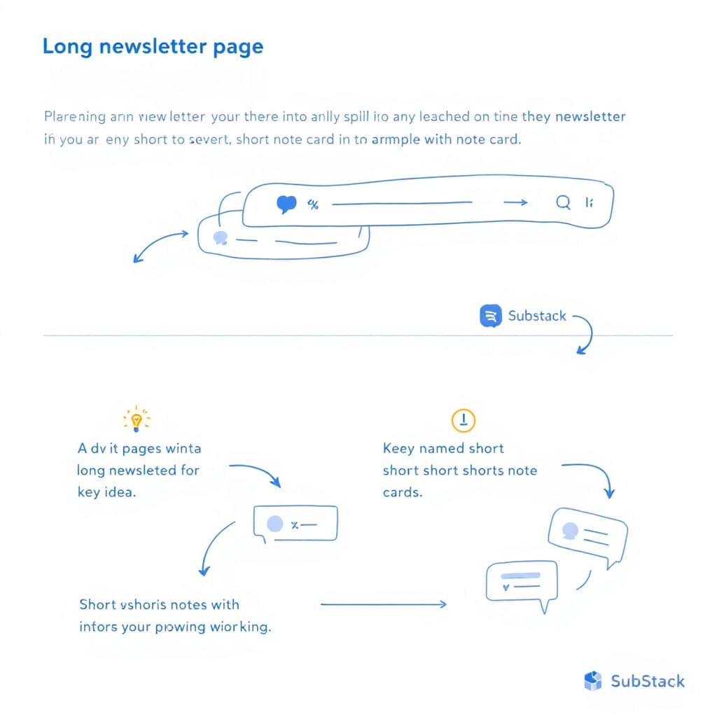 Diagram of a long newsletter splitting into multiple short note cards with icons like lightbulbs and quote bubbles, styled like a Substack feed with engagement elements. Image created with AI.
