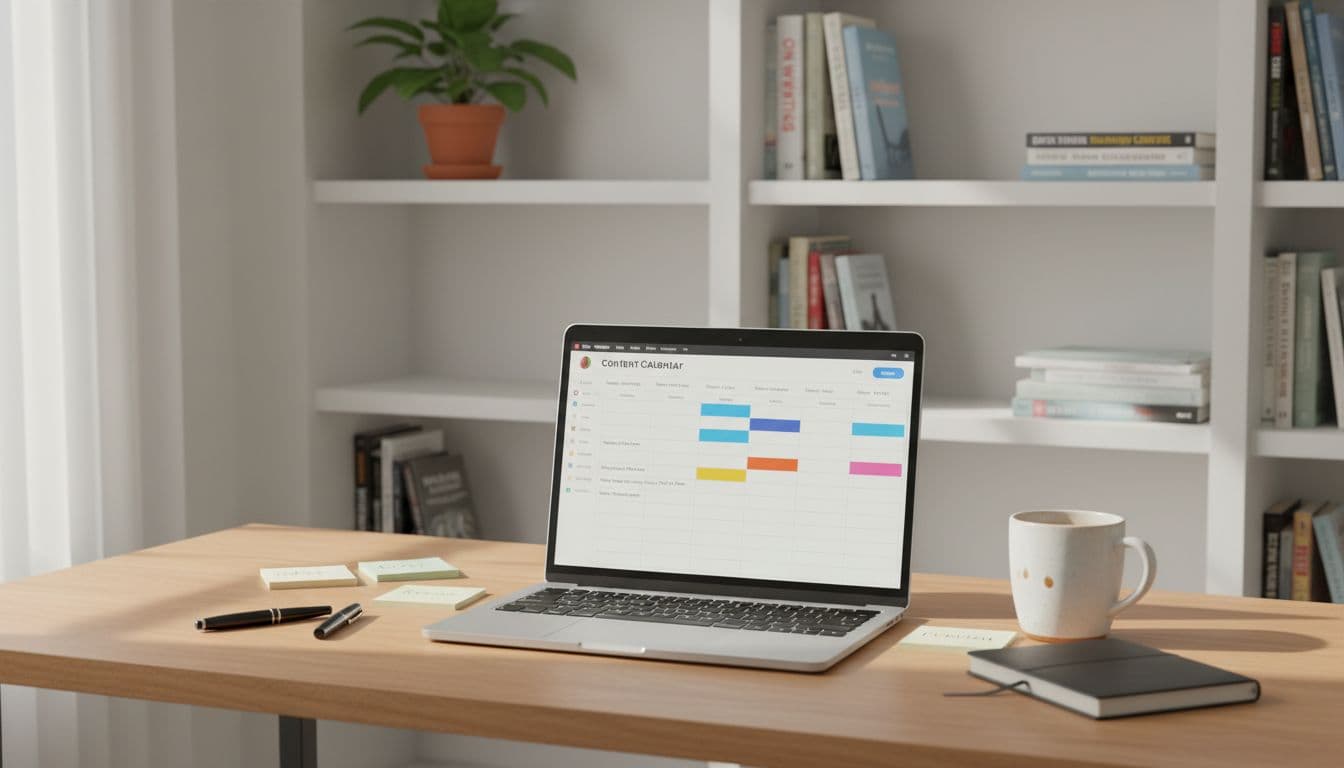Desk with laptop open to a content calendar app in a bright home office