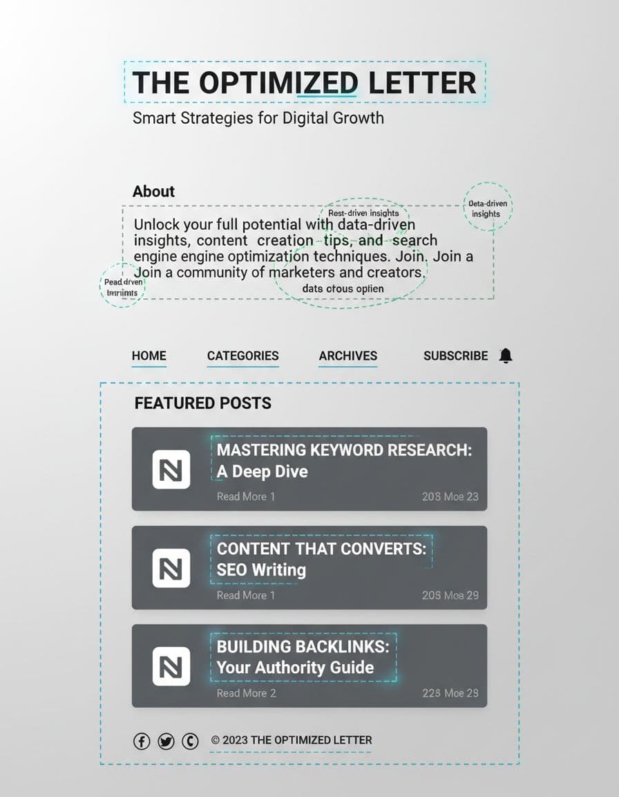 Wireframe-style illustration of an optimized Substack homepage layout with highlighted about text, featured posts, and navigation.