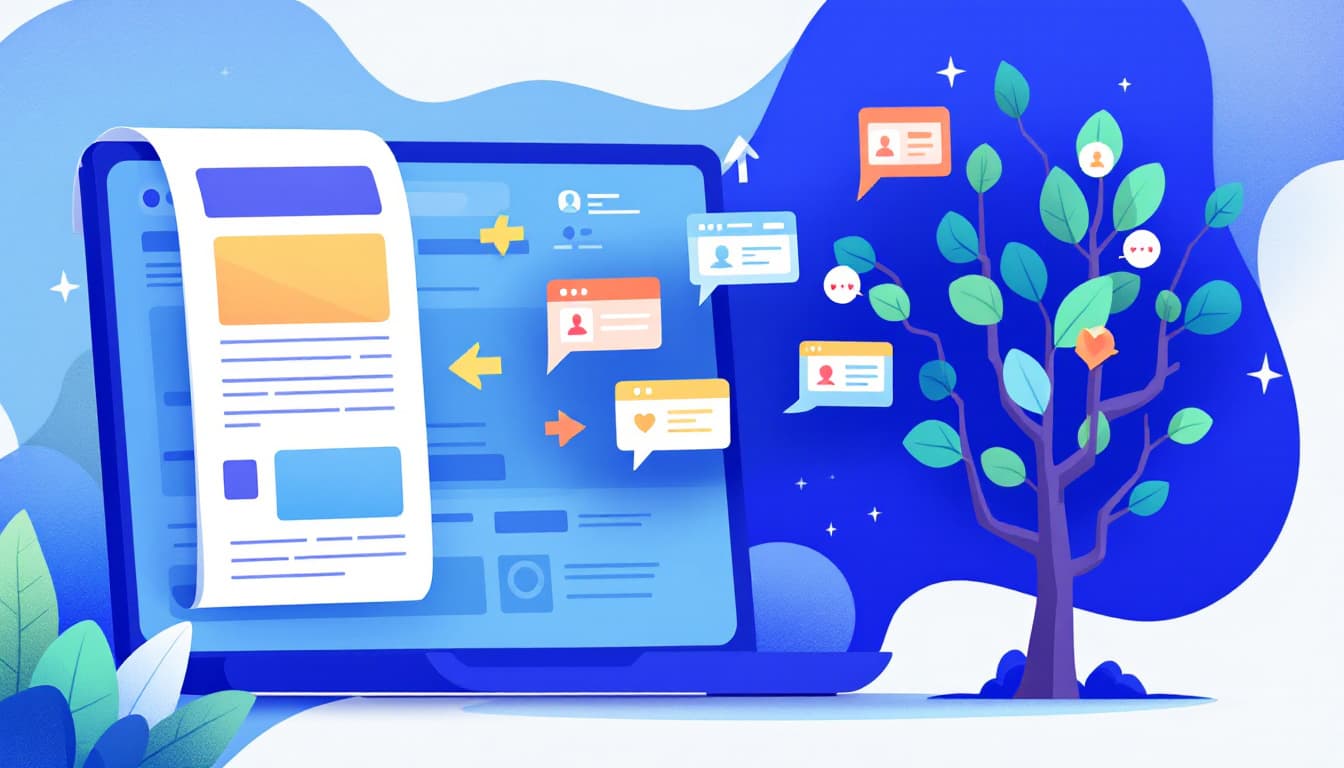 Illustration of a long newsletter splitting into multiple short Notes with engagement icons on a Substack-style feed
