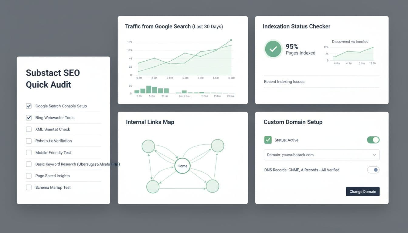 Illustration of a Substack SEO monitoring dashboard with charts, checklists, and a custom domain setup screen