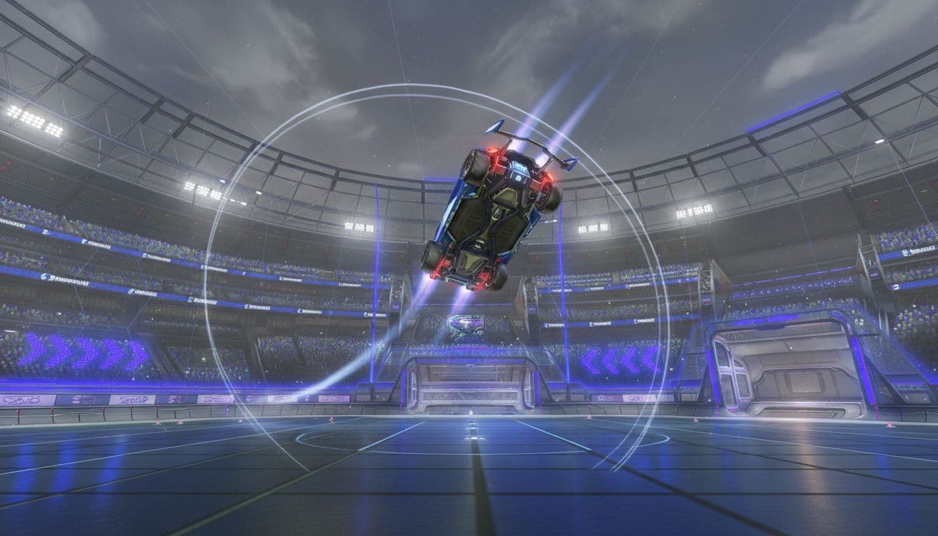 Rocket car in solo training mode practicing positioning and boost management, rotating back from ball area to teammate zone in an empty stadium with subtle motion lines and realistic 3D soft lighting.