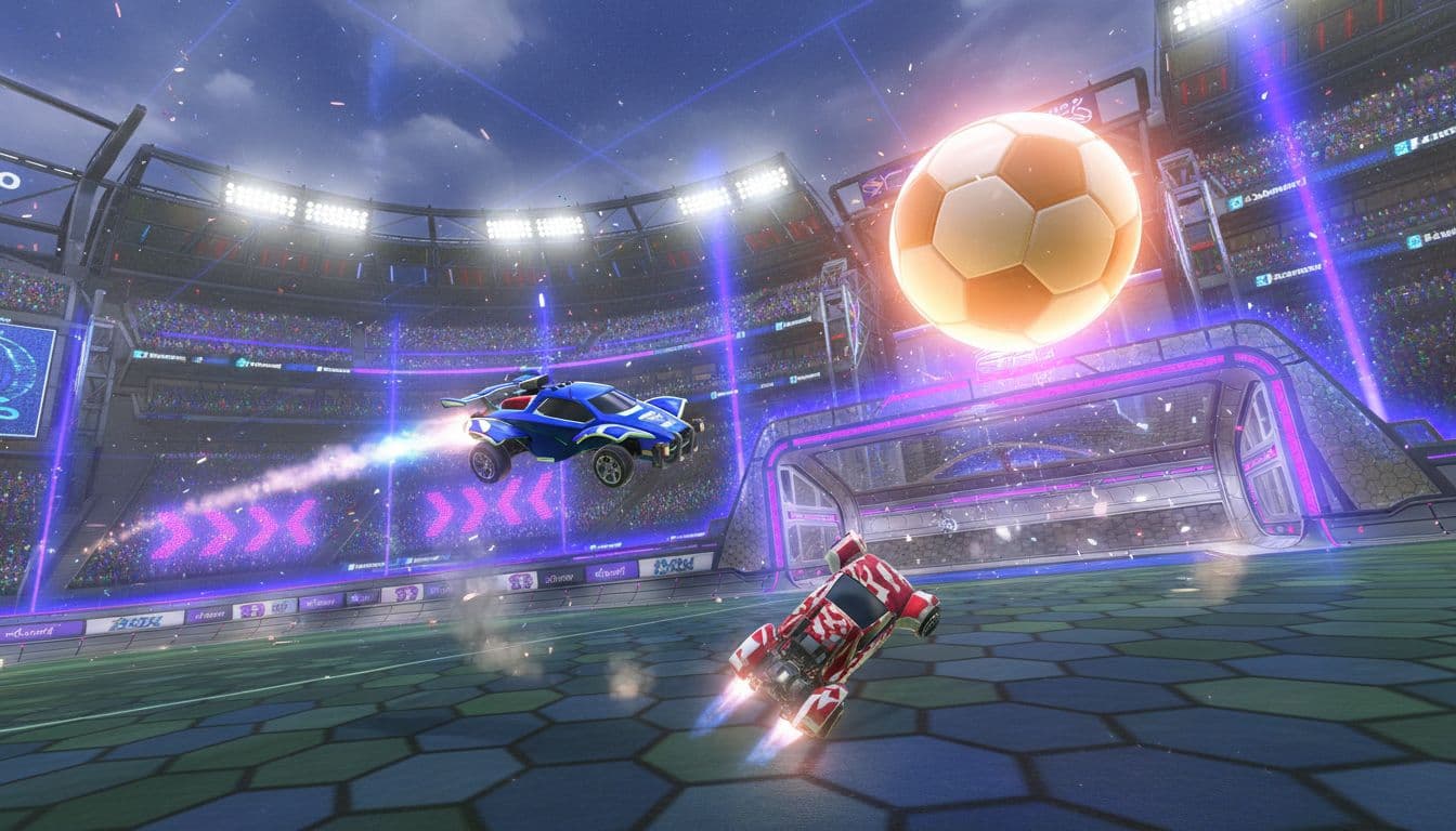 Blue rocket car boosting mid-air for an aerial shot on a giant orange soccer ball heading to goal, with defender car flipping to block, in a futuristic stadium with blurred crowd and lights, realistic 3D game style.