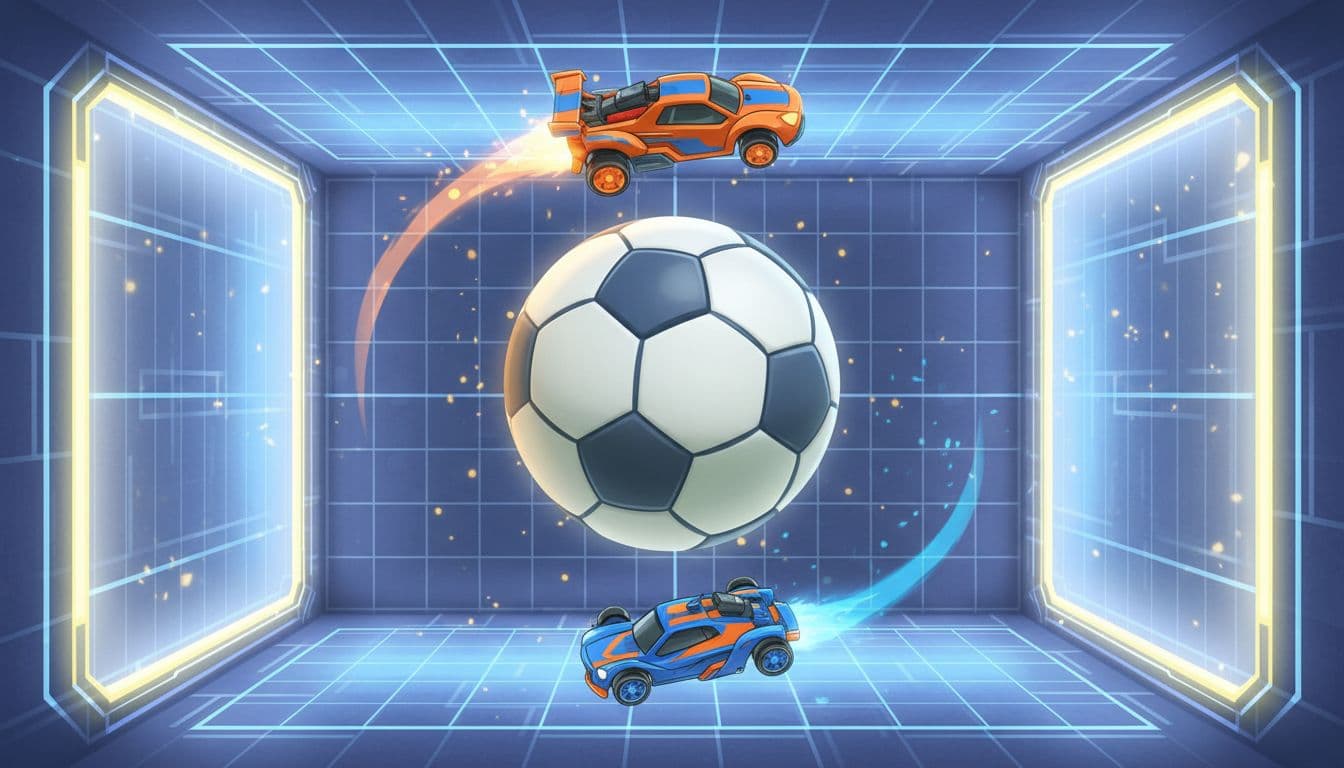 Intense 2D side-scrolling vehicular soccer with orange and blue rocket cars flipping and boosting to strike an oversized ball into top and bottom goals in a tight vertical arena. Vibrant cartoon style captures dynamic motion of exactly two cars with bright lighting, no UI or text.