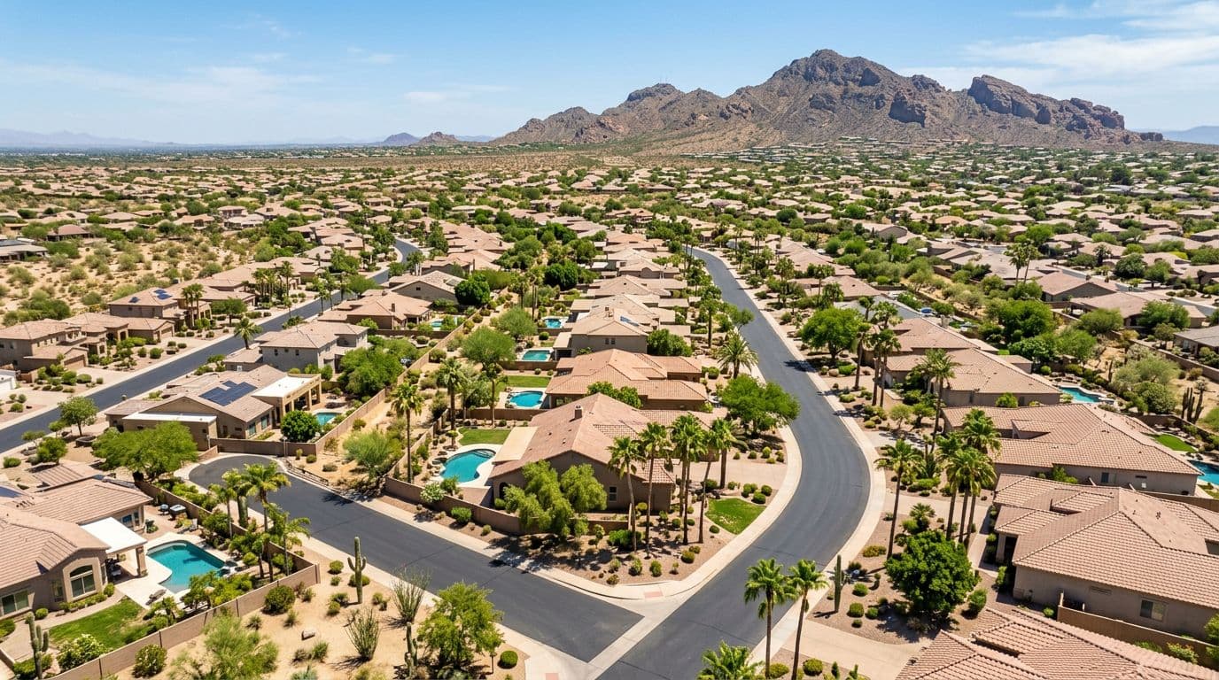 Aerial view over a sunny Phoenix Arizona neighborhood with single-family homes, palm trees, desert landscaping, and mountain views in the background under bright midday sunlight.
