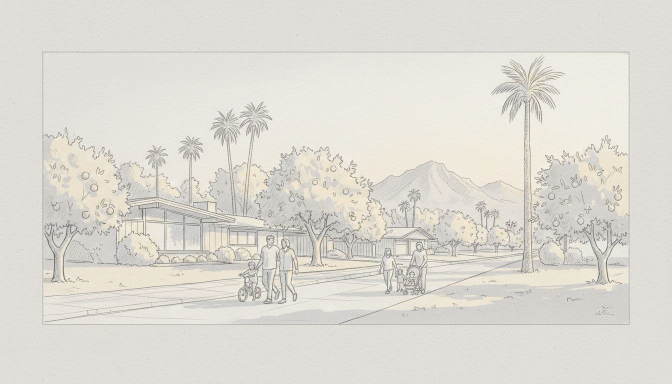 Hand-drawn graphite sketch of tree-lined streets in Arcadia Phoenix with mid-century homes, citrus trees, canal path, two families strolling, and distant Camelback Mountain in soft golden hour light on a light gray background.