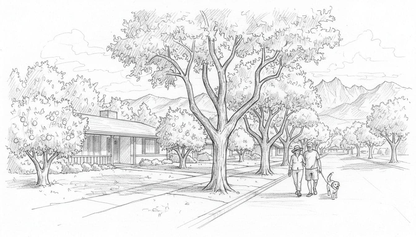 Hand-drawn graphite sketch depicting a serene residential street in Biltmore Phoenix neighborhood, with single-story ranch home, citrus trees, mature shade trees along sidewalk, older couple walking dog in distance, and central Phoenix mountain backdrop.