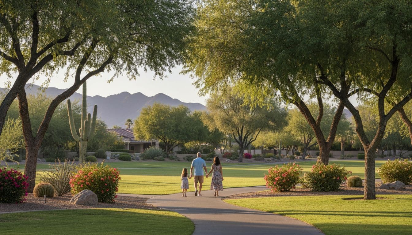 Serene park scene in upscale Biltmore area of Phoenix with walking trails, large trees, one family strolling, desert landscaping featuring saguaro cacti, and soft morning light in realistic style.