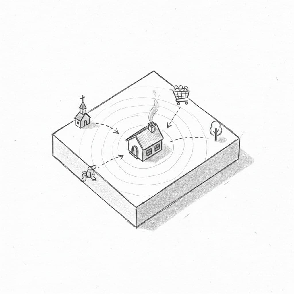 Simplified overhead illustration of a small cozy Phoenix downsizing house within a neighborhood outline, with arrows to local landmarks like a church steeple and grocery store, conveying staying put locally in hand-drawn sketch style.