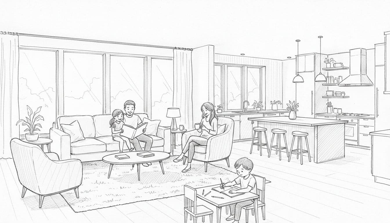Hand-drawn graphite sketch depicting a family of four relaxing in the open living room and kitchen area of a spacious single-story home, illuminated by natural light from large windows.