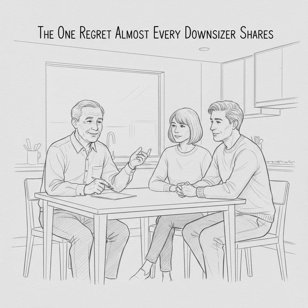 A calm older man gestures gently at an imaginary notepad while sitting across from a couple at a kitchen table in a bright modern Phoenix home, captured in a hand-drawn graphite sketch style.
