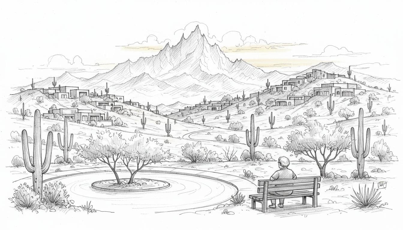 Hand-drawn graphite sketch depicting hillside homes in Northeast Foothills, Phoenix, overlooking Piestewa Peak, with a senior seated on a bench in a quiet cul-de-sac watching the sunset over the desert mountain preserve.