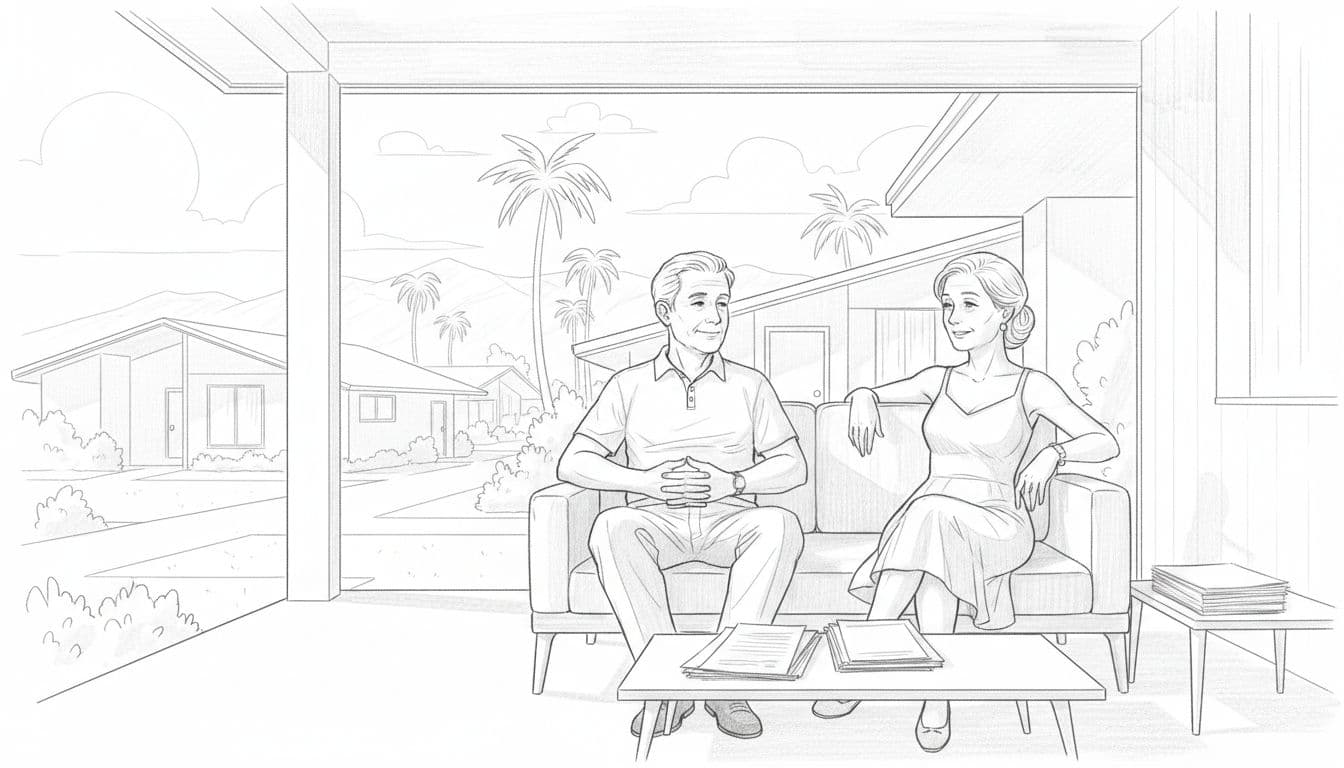 Hand-drawn graphite sketch depicting an older Phoenix homeowner couple seated comfortably on the porch of a mid-century home in a Shea neighborhood-style setting with palm trees and mountain views. Subtle financial documents nearby evoke security and freedom from using home equity in retirement.