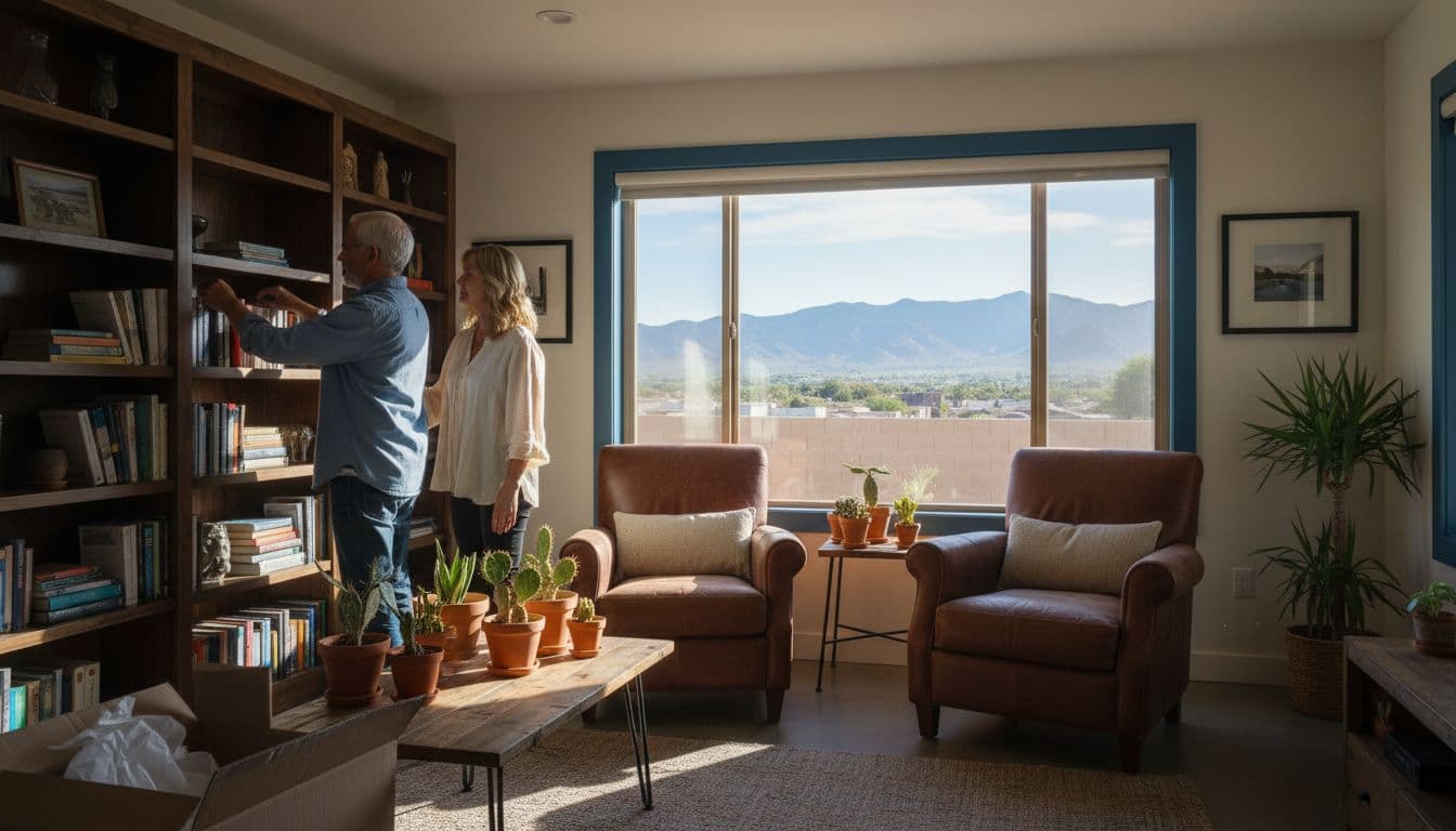 Older adult couple unpacks boxes in a cozy Sheaborhood Phoenix living room with mountain view through the window, leather chairs, bookshelves, and desert plants bathed in natural afternoon light.