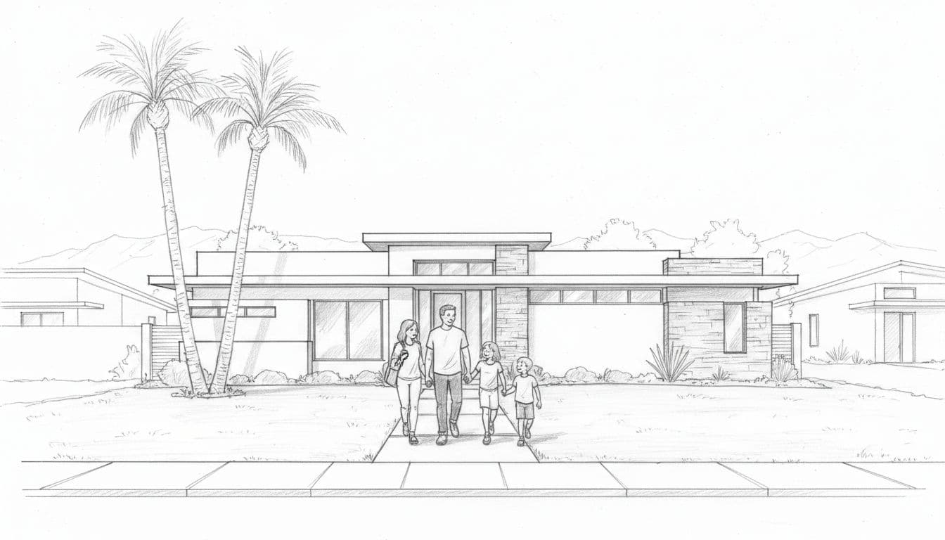 Hand-drawn graphite sketch of a modern single-story home exterior in a quiet Phoenix neighborhood, featuring a family of four walking relaxed toward the house, palm trees, front yard grass, and walkway on clean white paper.