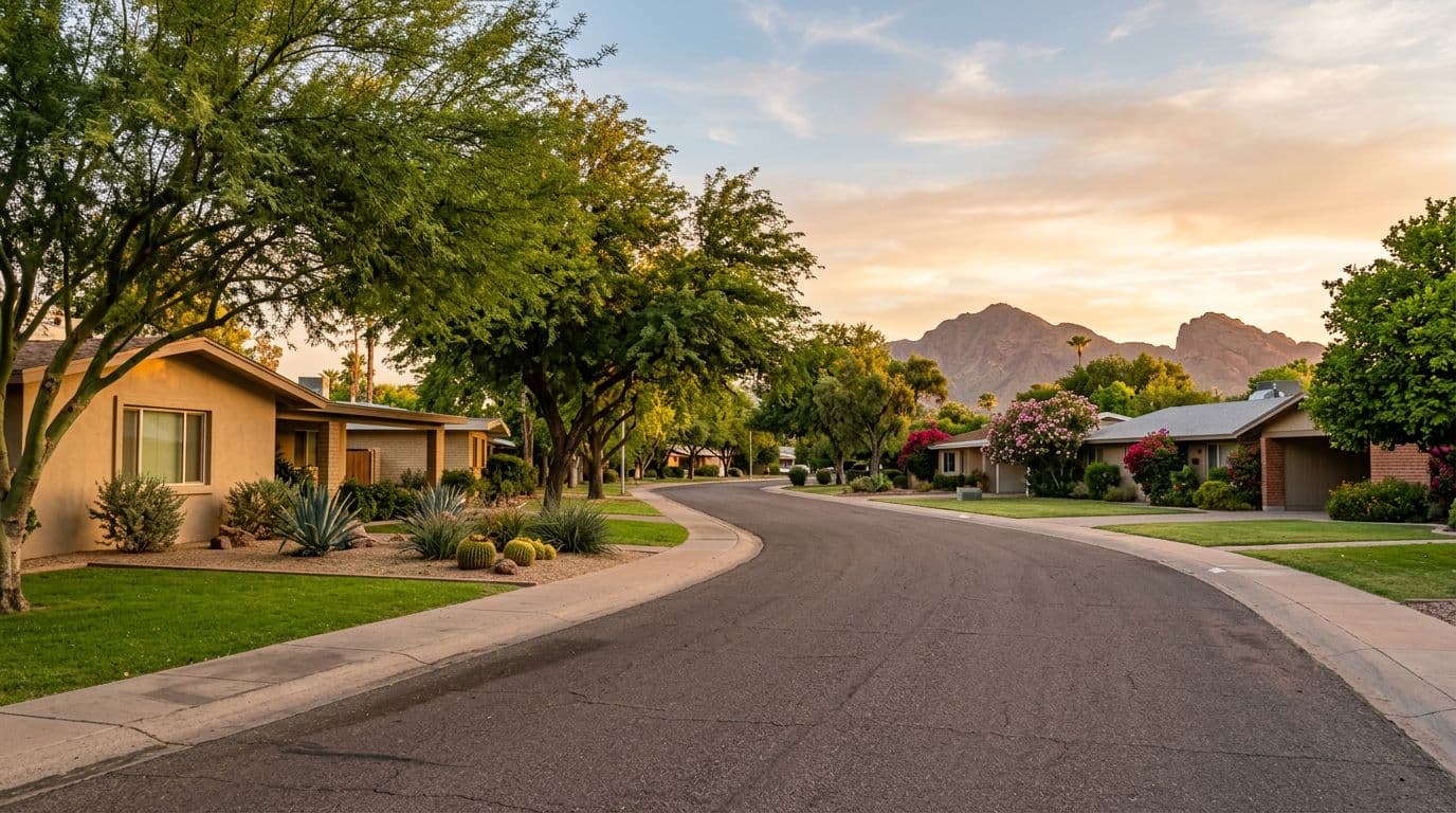 Quiet tree-lined street in established Phoenix neighborhood with mid-century homes, green lawns, desert plants, and subtle mountain backdrop under golden hour lighting, evoking a peaceful residential vibe.