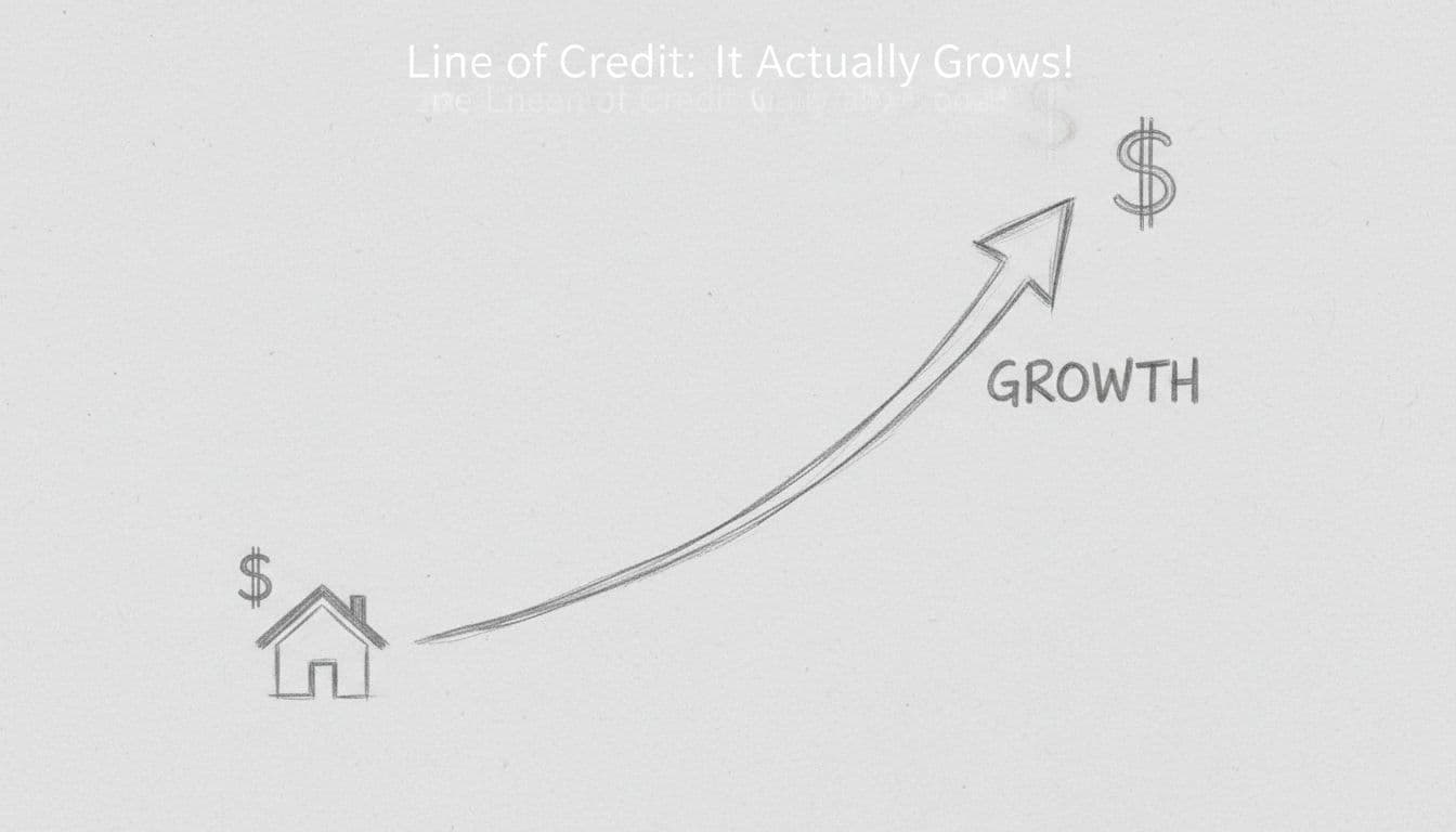 Hand-drawn sketch of a simple upward-curving line graph on light gray paper, depicting line of credit balance increasing over four years, with home silhouette, dollar sign icons, and upward arrow labeled 'growth'. Clean graphite linework style with subtle shading, no numbers or extra elements.
