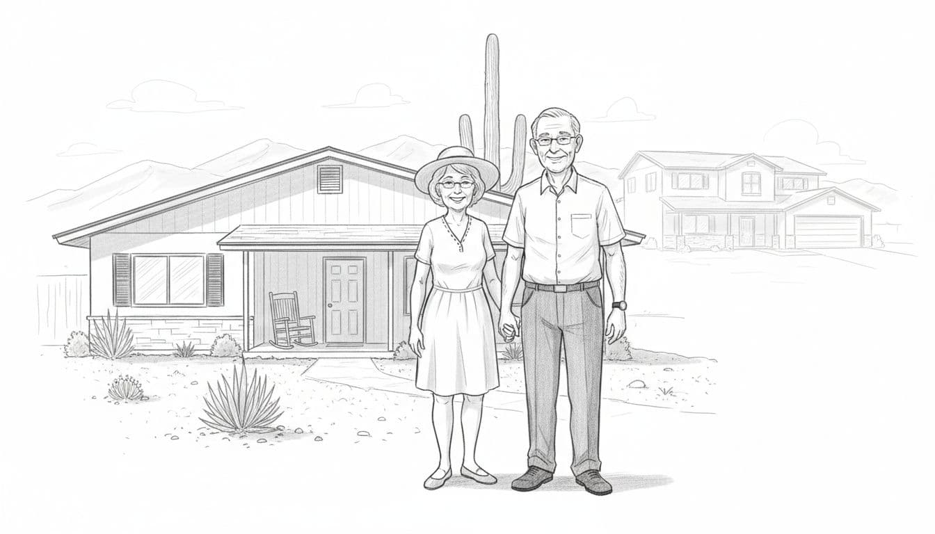 Hand-drawn sketch of a joyful senior couple in their 70s standing outside a cozy one-story ranch home in sunny Phoenix with desert mountains and saguaro cacti, a faded larger house in the distance symbolizing downsizing.