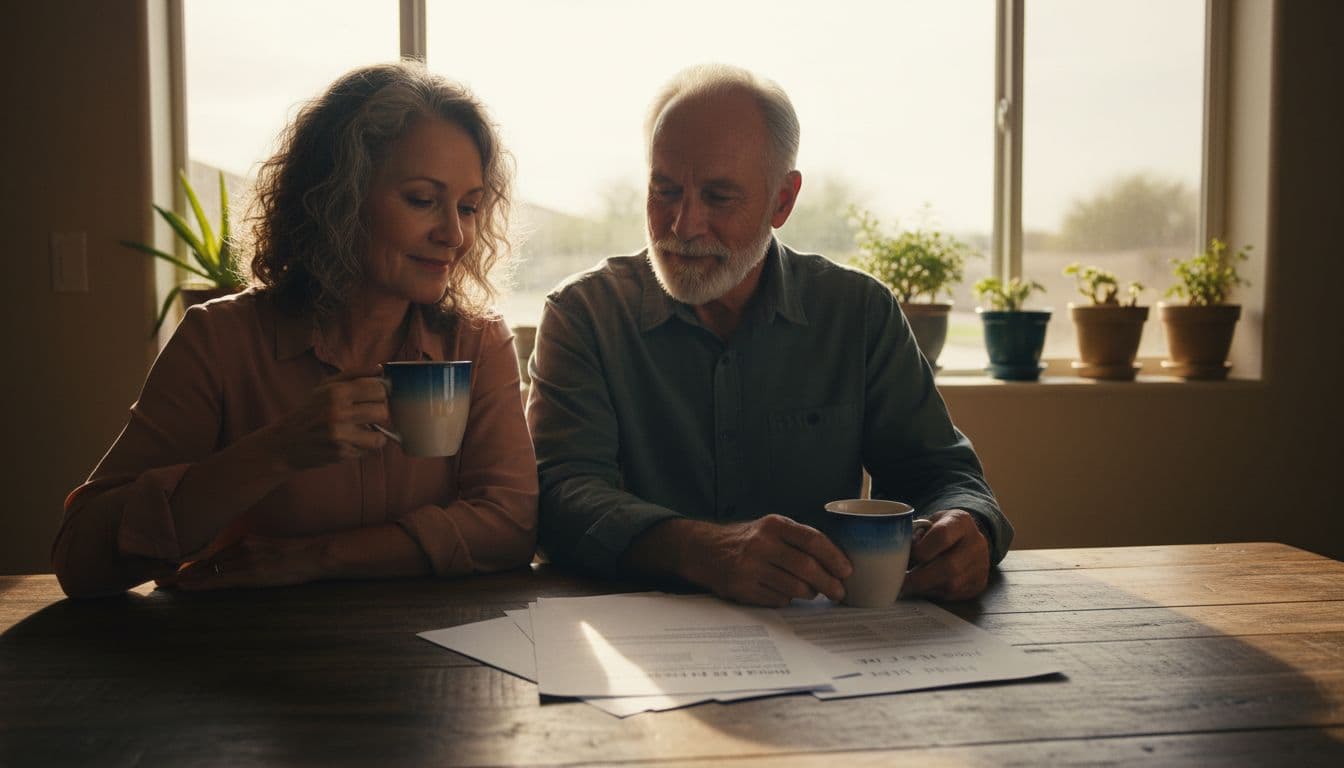 A relaxed mature couple in their 60s trying to determine if they should sell or buy first when downsizing and new home price notes at a wooden kitchen table in a sunny Phoenix home, holding coffee mugs with soft smiles in warm natural light.
