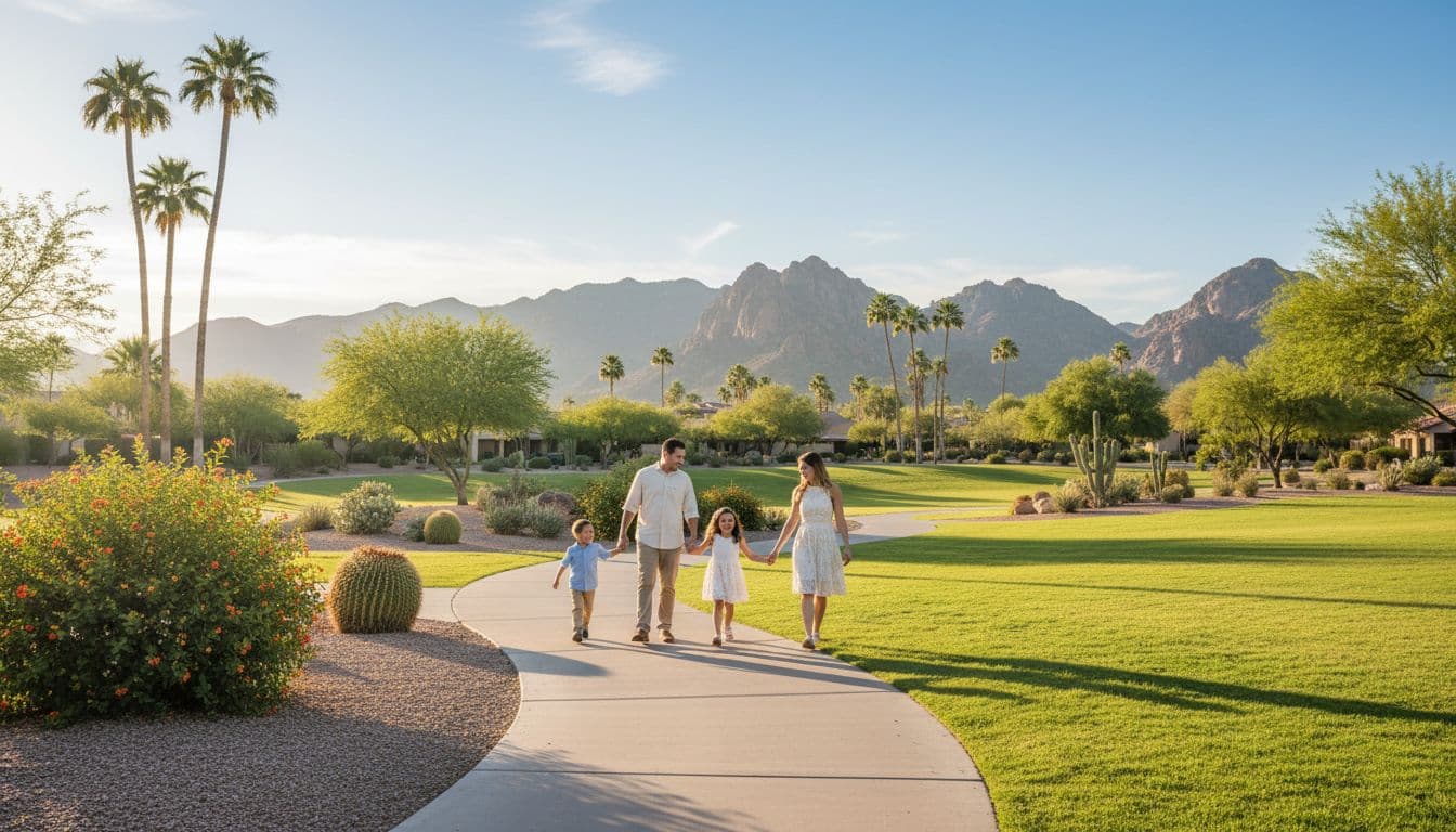 A family of four—two adults and two kids—walks relaxed on a paved path through Phoenix family neighborhoods with palm trees and mountain views in the sunny afternoon light.