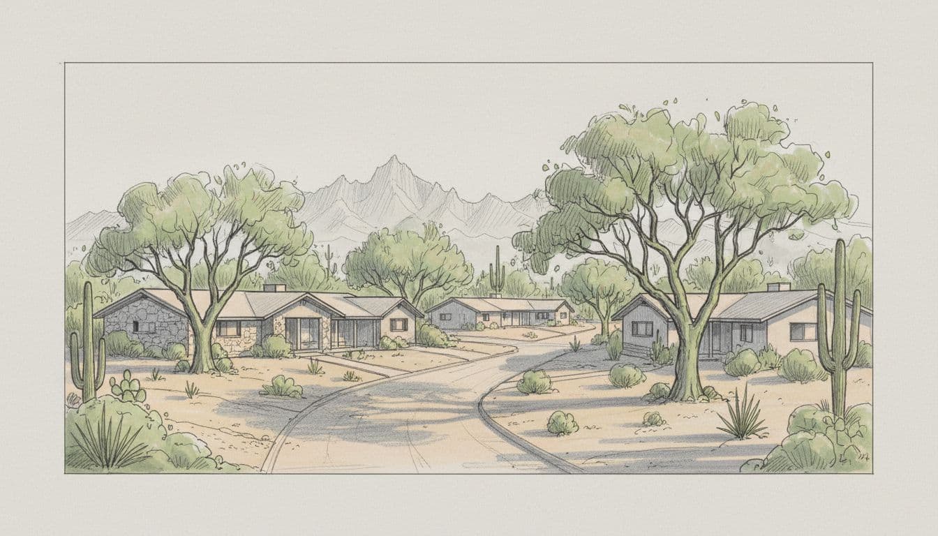 Hand-drawn graphite sketch of a serene residential street in Phoenix's Sheaborhood 85028, showing single-family ranch-style homes on spacious lots with palo verde trees, desert landscaping, and Phoenix Mountains Preserve in the background under warm light.