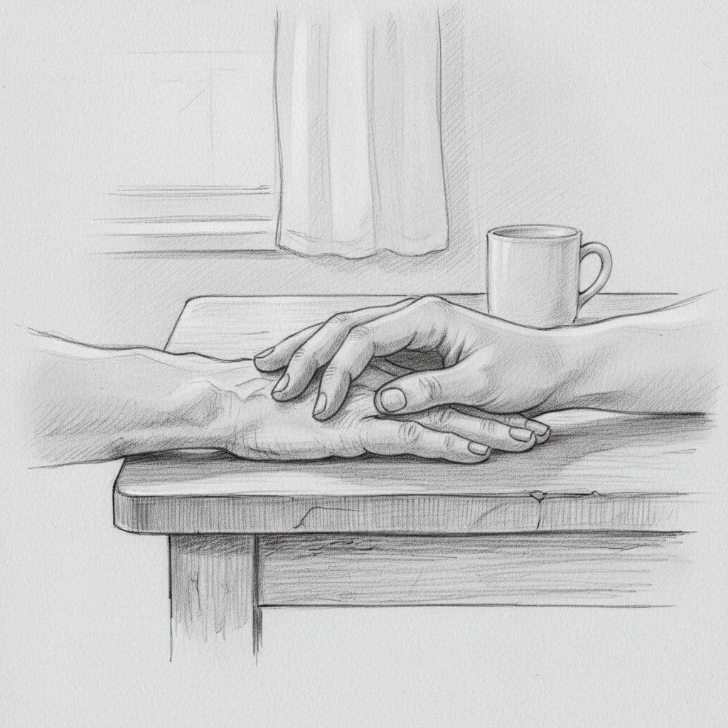 A hand-drawn graphite sketch of an older person's hand and a younger helper's hand gently resting together on a traditional wooden kitchen table, evoking a supportive first meeting in a warm home setting.