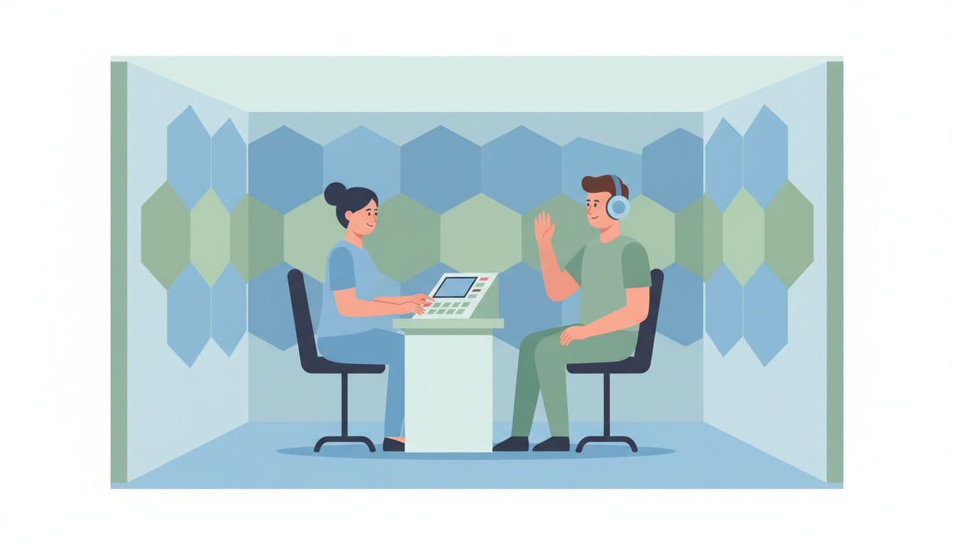 Audiologist conducts audiometry test on patient with headphones raising hand in soundproof booth.