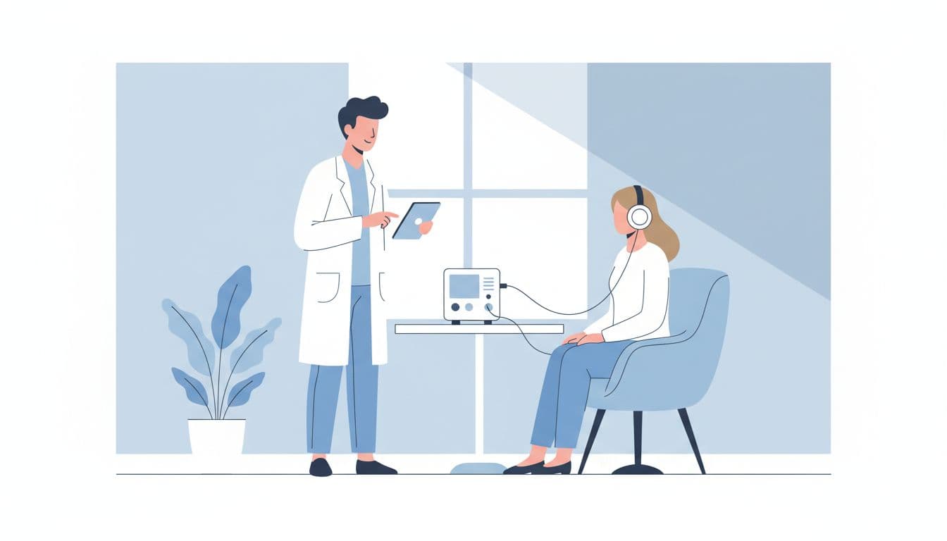 Audiologist conducts hearing test on seated patient with headphones in bright clinic room.