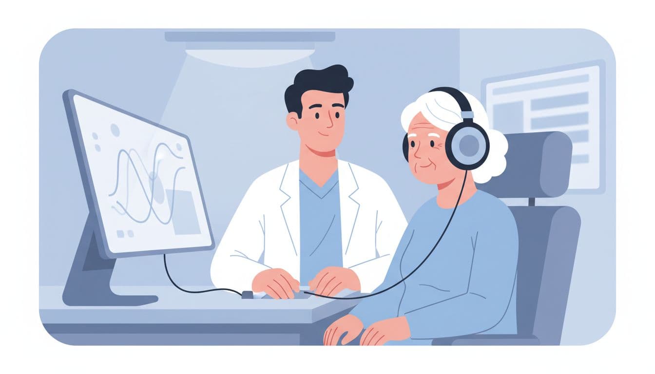 Audiologist performs hearing test on elderly patient wearing headphones in clinic, blurred graph screen nearby.
