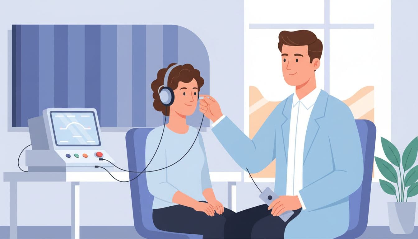 Audiologist performs hearing test on patient wearing trial in-ear hearing aid in clinic.