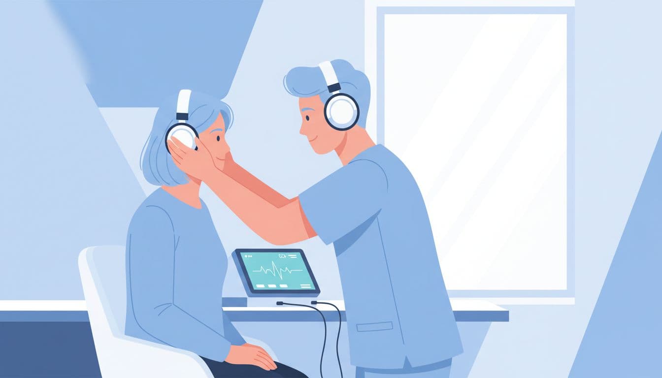 Audiologist adjusts headphones on calm patient during hearing test in modern clinic.