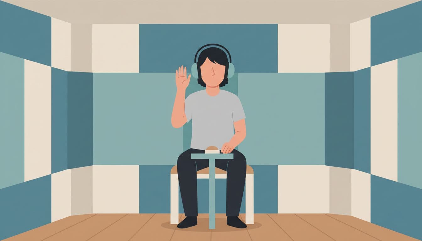 Modern illustration of one person in a soundproof audiometry booth wearing large headphones and raising hand to signal hearing a sound, in a calm professional setting with neutral lighting.