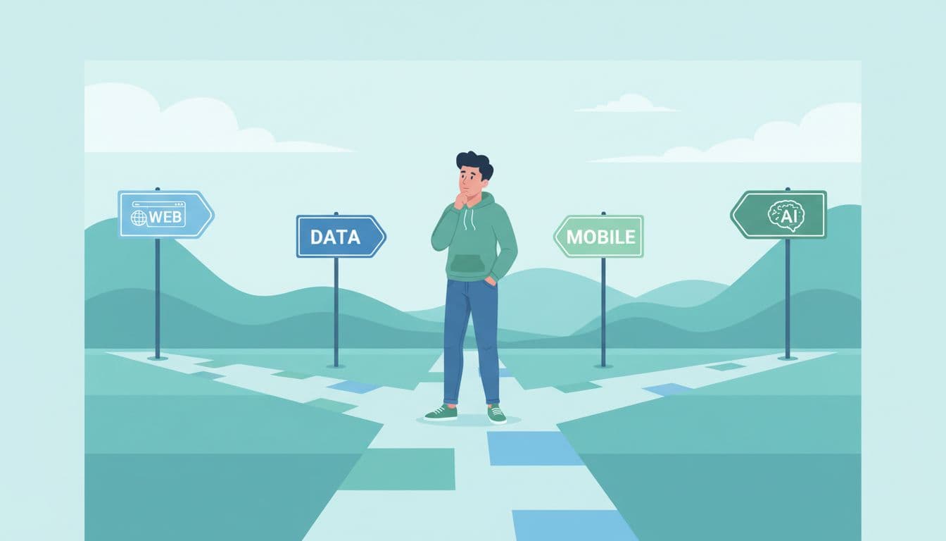 Young adult stands thoughtfully at road fork with signposts to web development, data science, mobile apps, and AI icons.