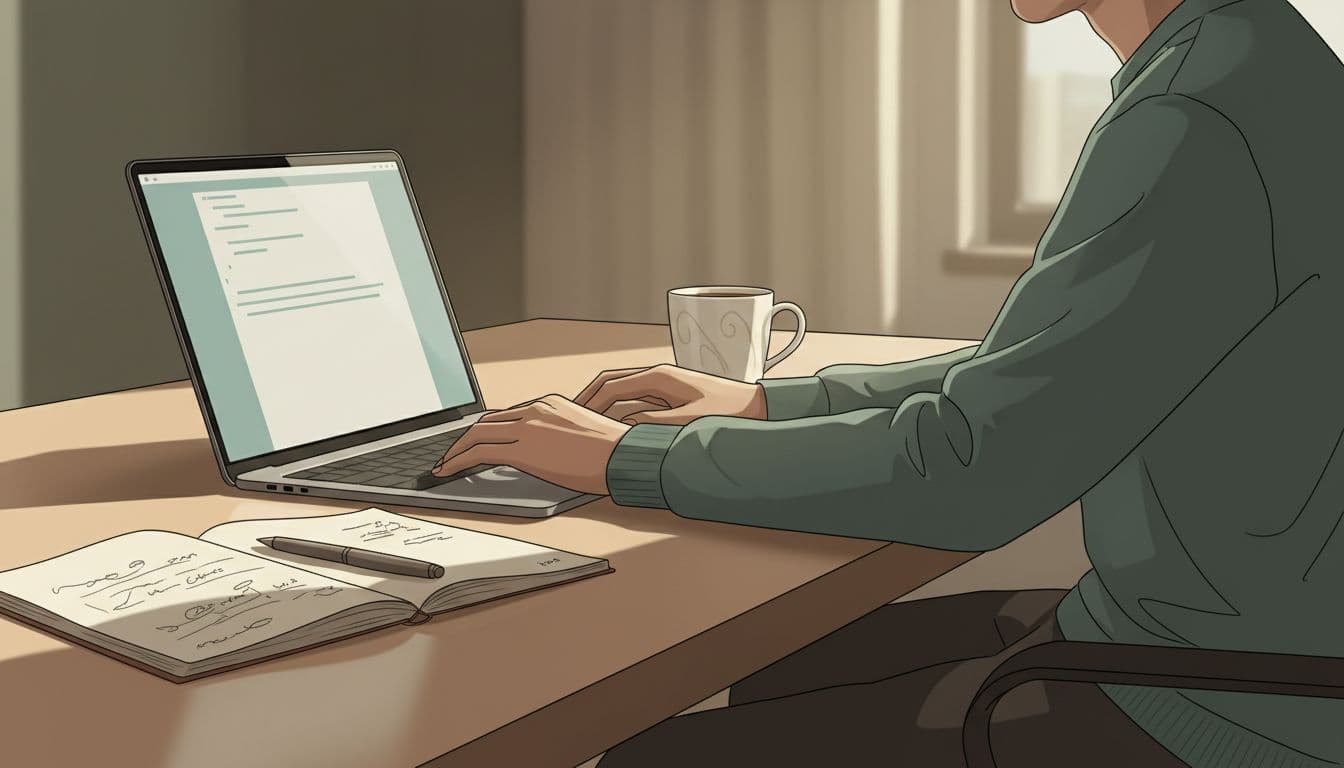Focused beginner coder types on angled laptop at modern desk with coffee cup and notebook nearby.
