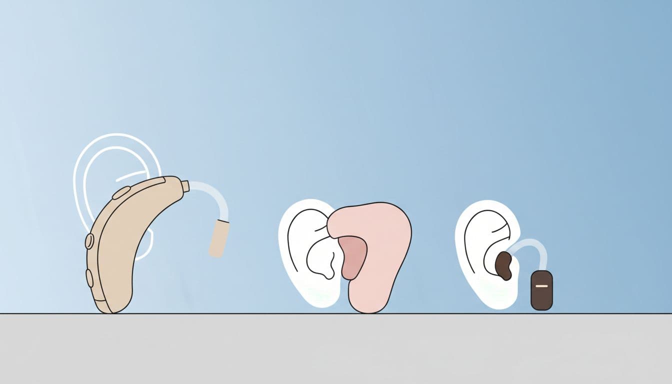 Three hearing aid models—BTE, ITE, CIC—near ear silhouette on soft blue gradient background.