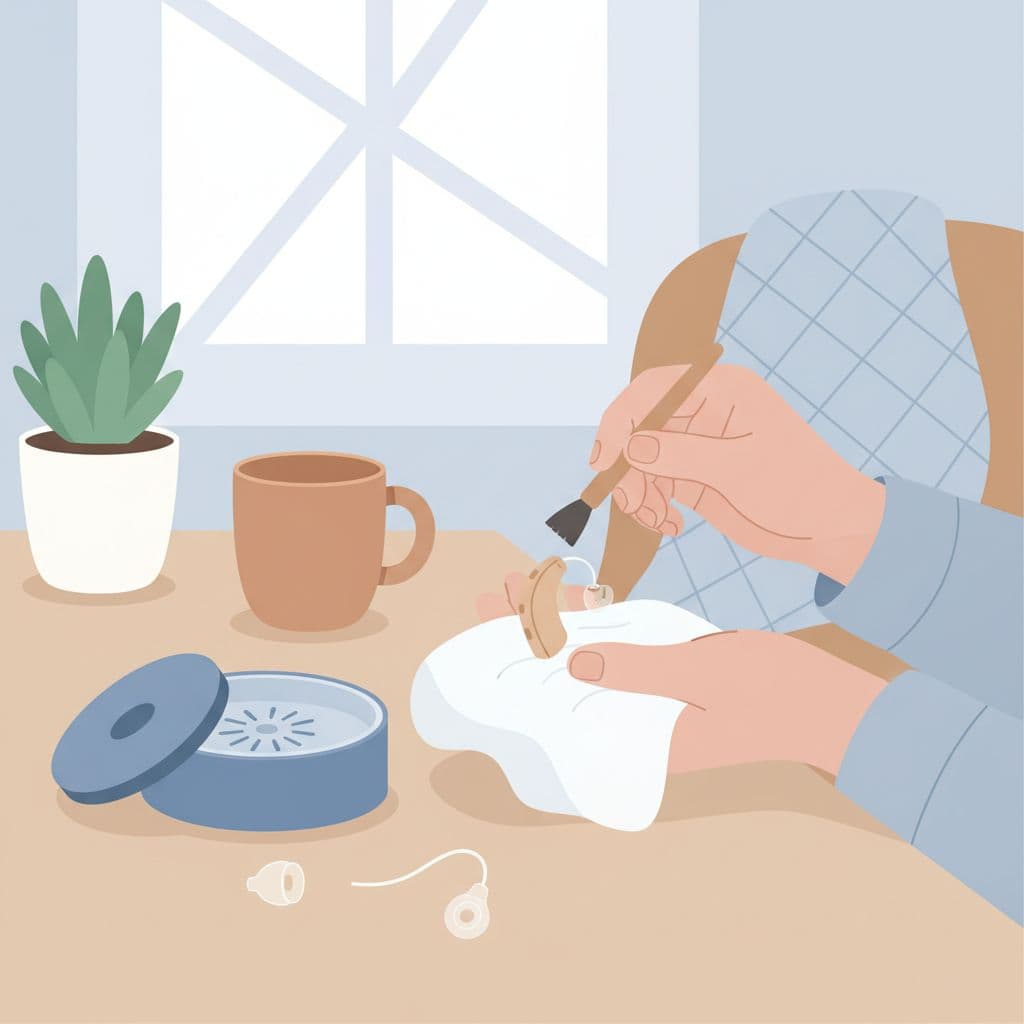 One person cleans small hearing aid with brush and cloth on home desk, drying kit nearby.