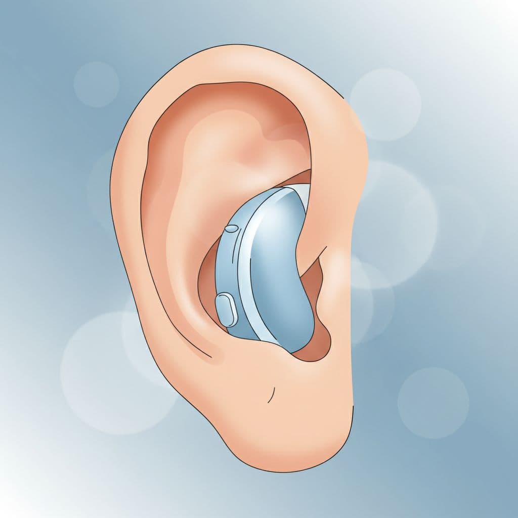 Close-up of hearing aid fitting securely in ear with custom mold, soft skin tones in blues and whites.