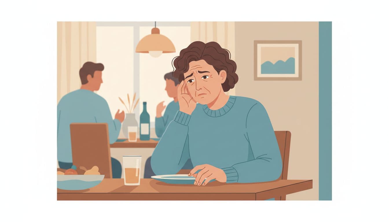 Modern illustration of a middle-aged person looking confused at a family dinner table, trying to hear conversations amid background noise.