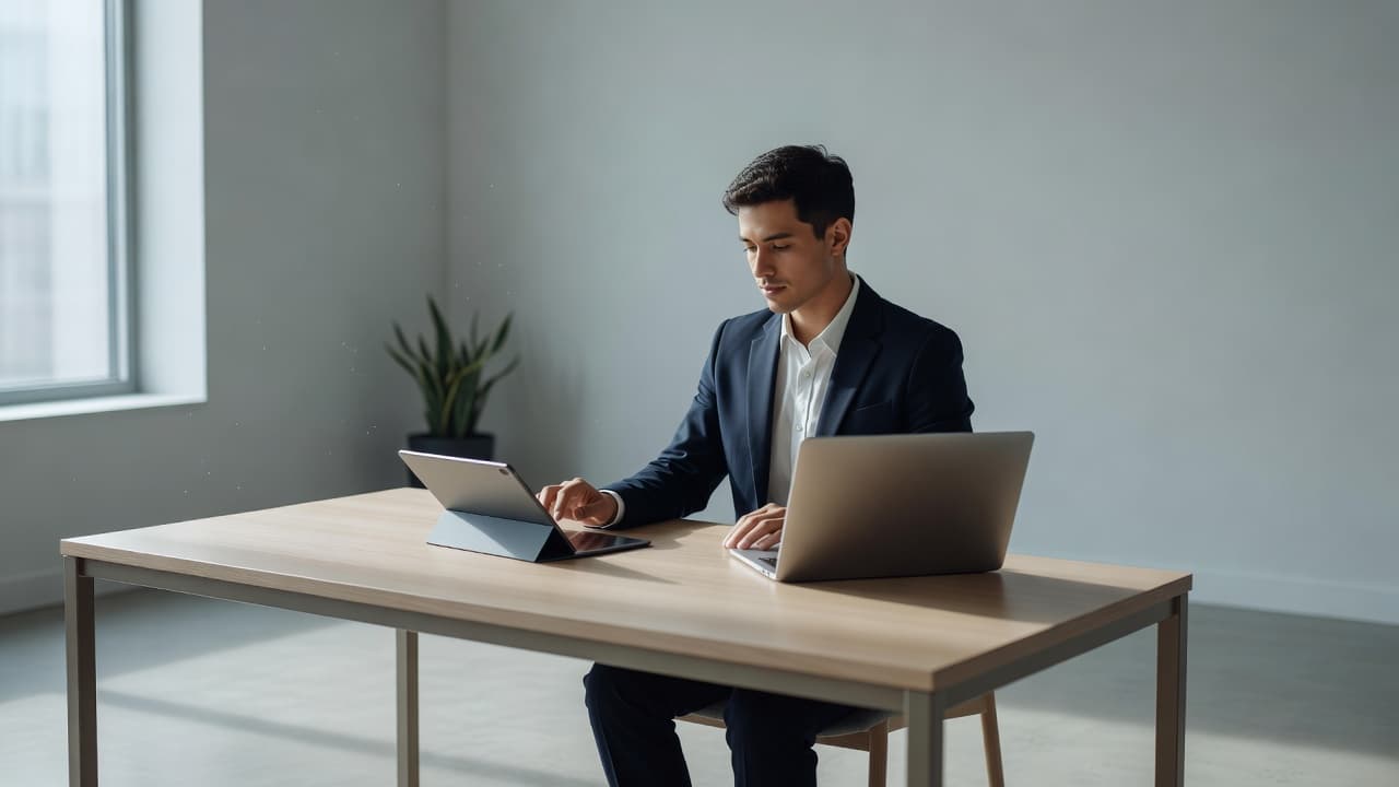 Modern bir çalışma masasında dizüstü bilgisayar ve tabletle etkileşim kuran bir öğrenci, pencereden sızan doğal ışıkla aydınlatılan minimalist bir odada, üretken ve odaklanmış bir şekilde çalışmalarını sürdürüyor.