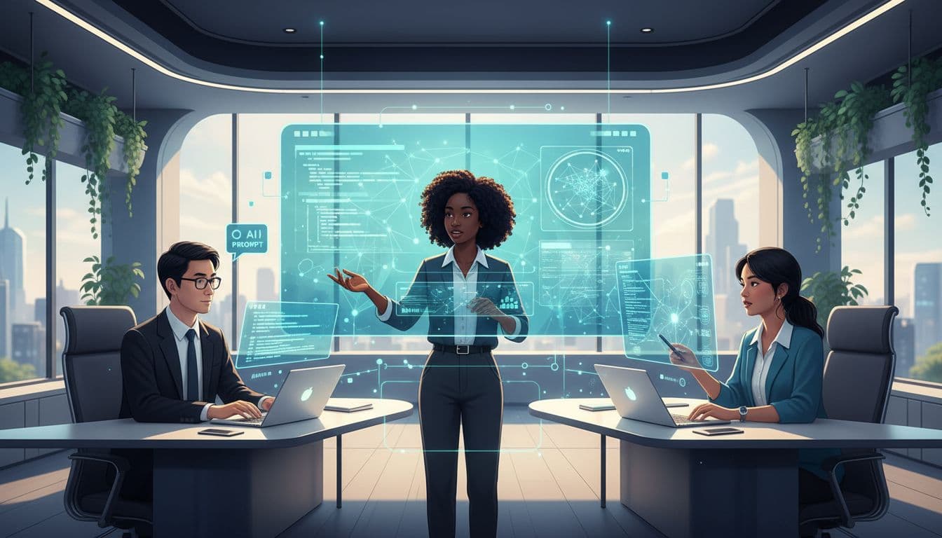Three diverse professionals at desks in bright office use laptops, one analyzes data, another types.